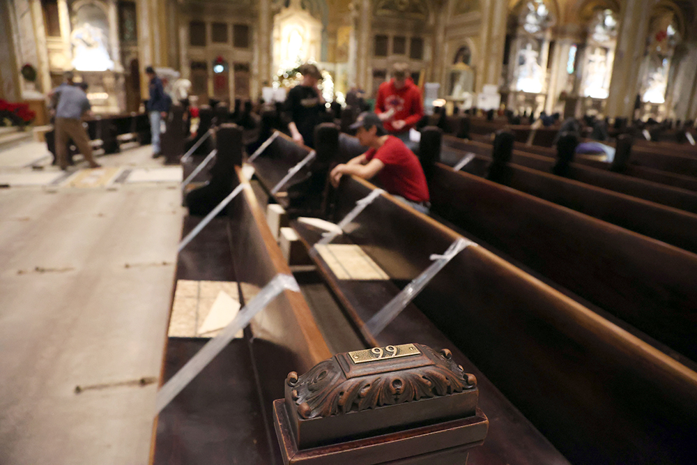 Pew were carefully wrapped and removed from the Basilica in January.